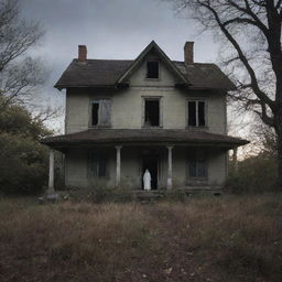 The same derelict house with a spectral, unsettling presence visible; a ghostly figure with an eerie glow haunting the abandoned abode, adding an aura of mystery and fear.