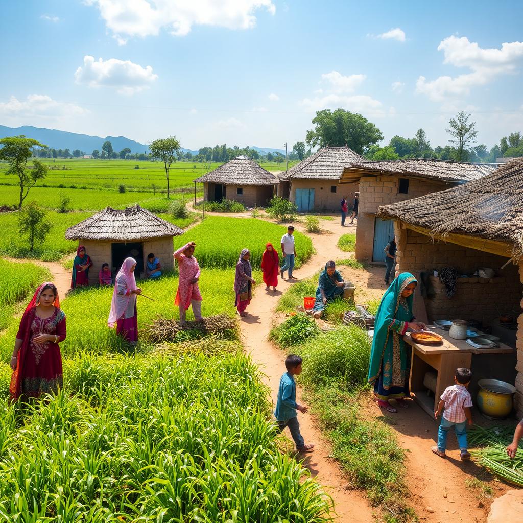 A vibrant Pakistani Muslim village scene, showcasing women actively engaged in various traditional activities