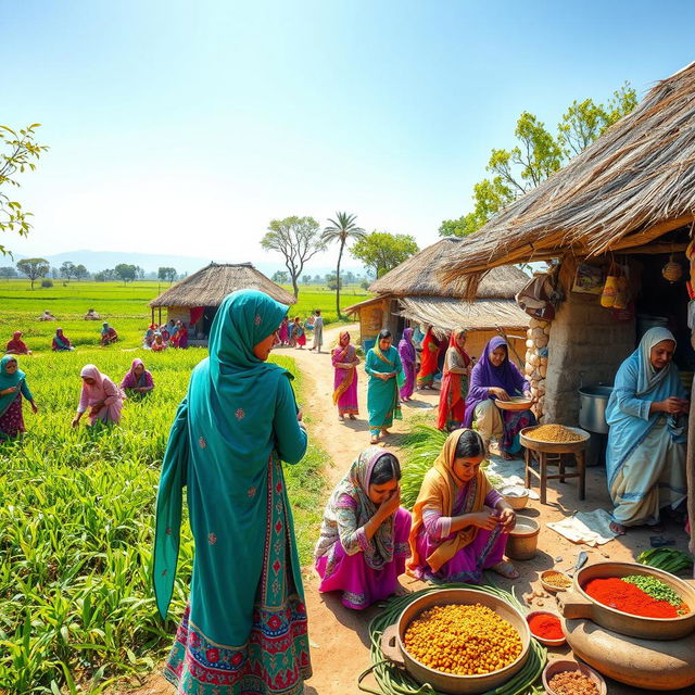 A vibrant Pakistani Muslim village scene, showcasing women actively engaged in various traditional activities