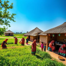 A vibrant Pakistani Muslim village scene, showcasing women actively engaged in various traditional activities