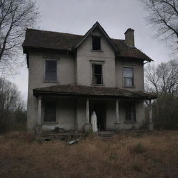 The same derelict house with a spectral, unsettling presence visible; a ghostly figure with an eerie glow haunting the abandoned abode, adding an aura of mystery and fear.