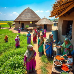 A vibrant Pakistani Muslim village scene, showcasing women actively engaged in various traditional activities
