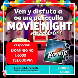 A vibrant and engaging movie night event poster featuring a large, bold headline that says 'Ven y disfruta de una película increíble!' with the details below