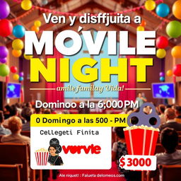 A vibrant and engaging movie night event poster featuring a large, bold headline that says 'Ven y disfruta de una película increíble!' with the details below
