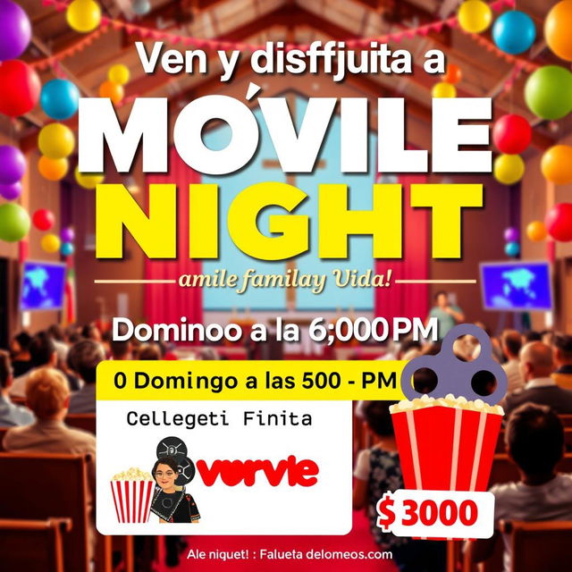 A vibrant and engaging movie night event poster featuring a large, bold headline that says 'Ven y disfruta de una película increíble!' with the details below