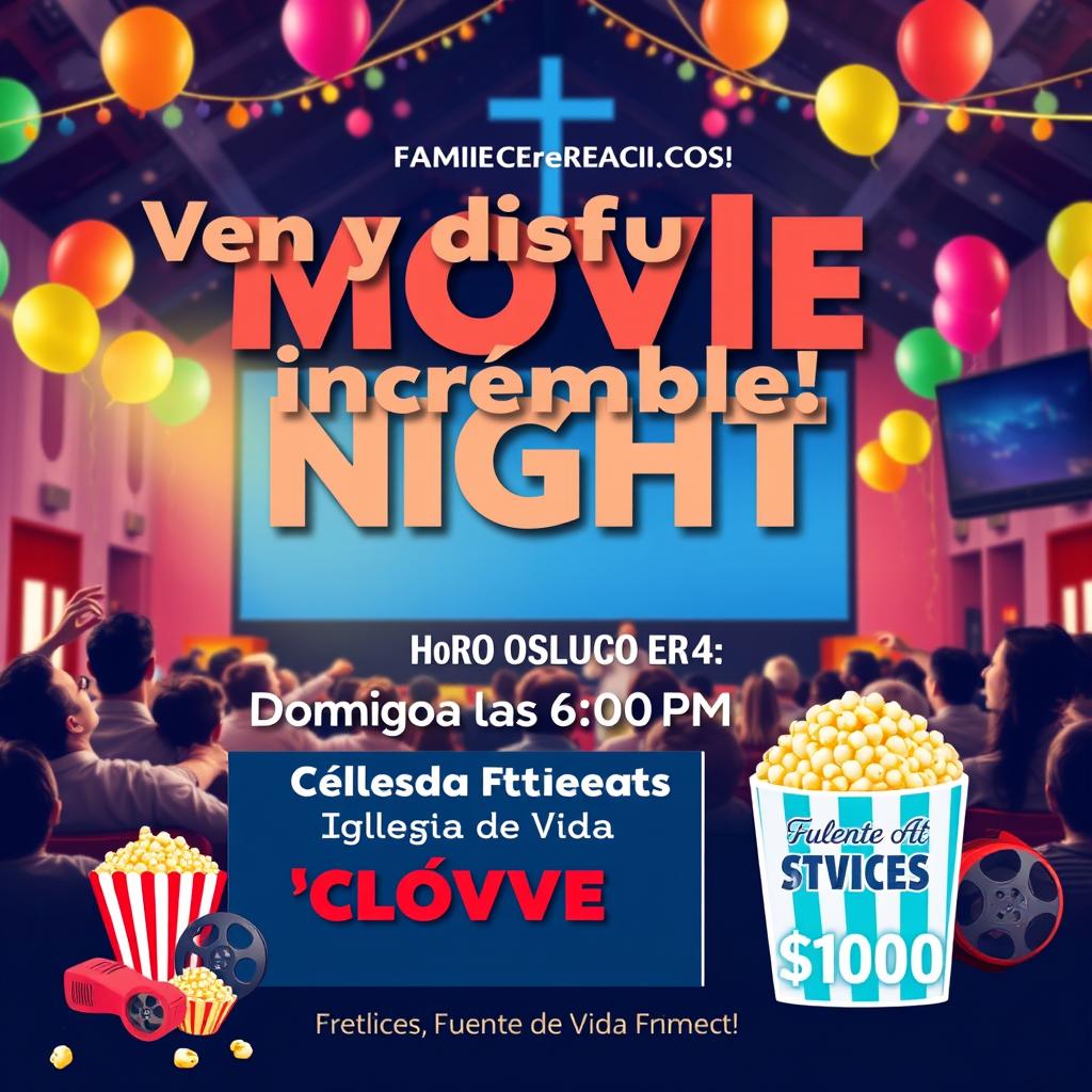 A vibrant and engaging movie night event poster featuring a large, bold headline that says 'Ven y disfruta de una película increíble!' with the details below