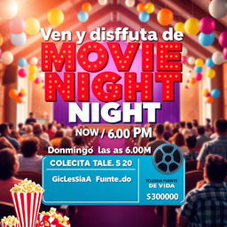 A vibrant and engaging movie night event poster featuring a large, bold headline that says 'Ven y disfruta de una película increíble!' with the details below