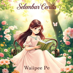 An enchanting novel cover for 'Selembar Cerita', prominently featuring a charming young girl as the main character, embodying the essence of romance in an idyllic setting