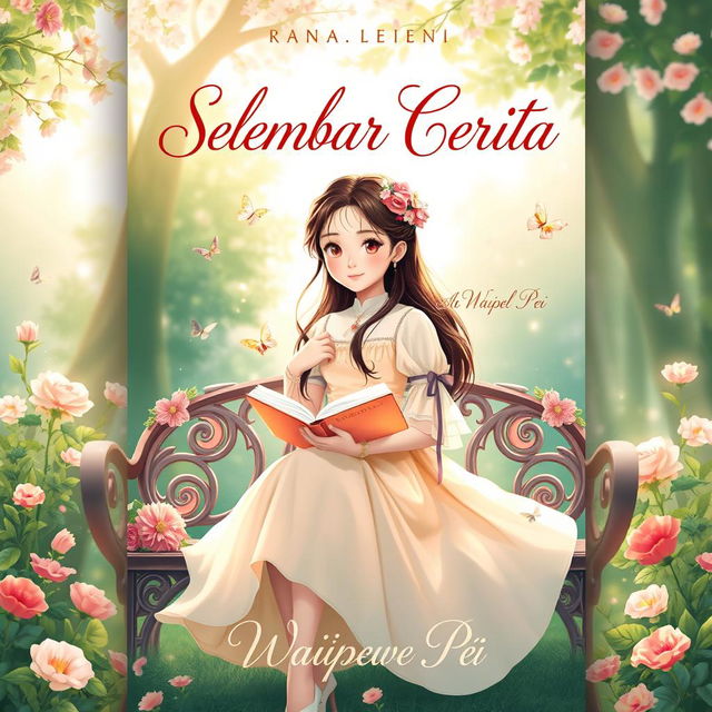 An enchanting novel cover for 'Selembar Cerita', prominently featuring a charming young girl as the main character, embodying the essence of romance in an idyllic setting