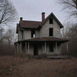 The same derelict house with a spectral, unsettling presence visible; a ghostly figure with an eerie glow haunting the abandoned abode, adding an aura of mystery and fear.