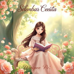 An enchanting novel cover for 'Selembar Cerita', prominently featuring a charming young girl as the main character, embodying the essence of romance in an idyllic setting