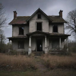 The same derelict house with a spectral, unsettling presence visible; a ghostly figure with an eerie glow haunting the abandoned abode, adding an aura of mystery and fear.