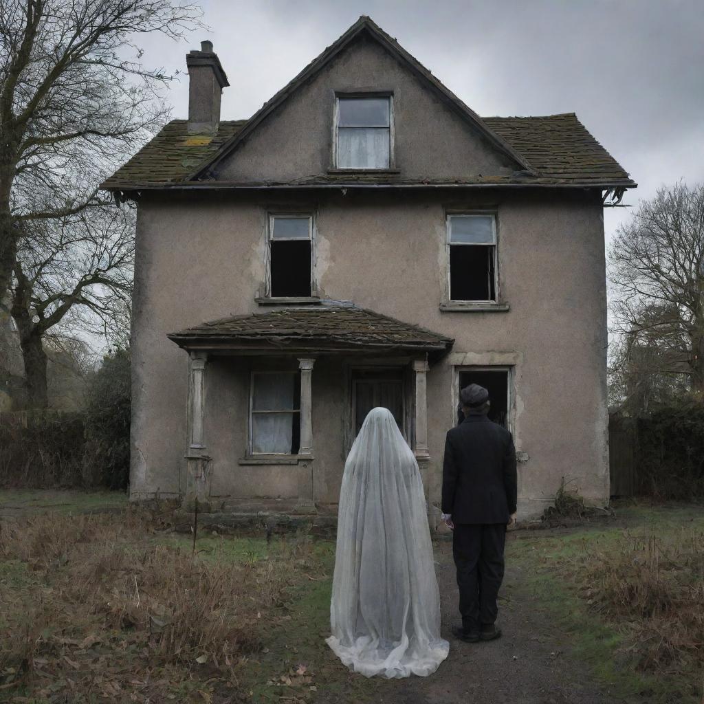 Re-imagine the derelict house scene with the ghostly figure now interacting amiably with a human, highlighting an unusual, friendly bond, turning a fearful scene into a tale of unlikely companionship.