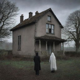 Re-imagine the derelict house scene with the ghostly figure now interacting amiably with a human, highlighting an unusual, friendly bond, turning a fearful scene into a tale of unlikely companionship.