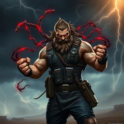 A fierce human mercenary possessed by a dark force, standing in a defiant pose