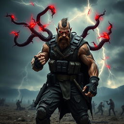 A fierce human mercenary possessed by a dark force, standing in a defiant pose