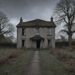 Re-imagine the derelict house scene with the ghostly figure now interacting amiably with a human, highlighting an unusual, friendly bond, turning a fearful scene into a tale of unlikely companionship.