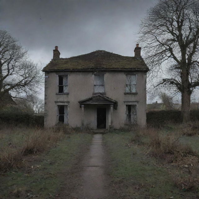 Re-imagine the derelict house scene with the ghostly figure now interacting amiably with a human, highlighting an unusual, friendly bond, turning a fearful scene into a tale of unlikely companionship.