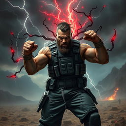 A fierce human mercenary possessed by a dark force, standing in a defiant pose