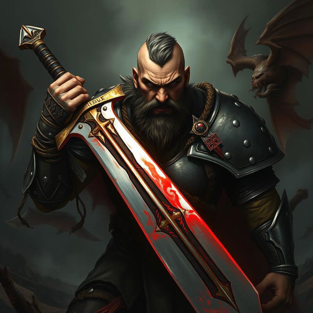 A fierce human mercenary from the 'Bloody Order', wielding a massive sword with a menacing gleam