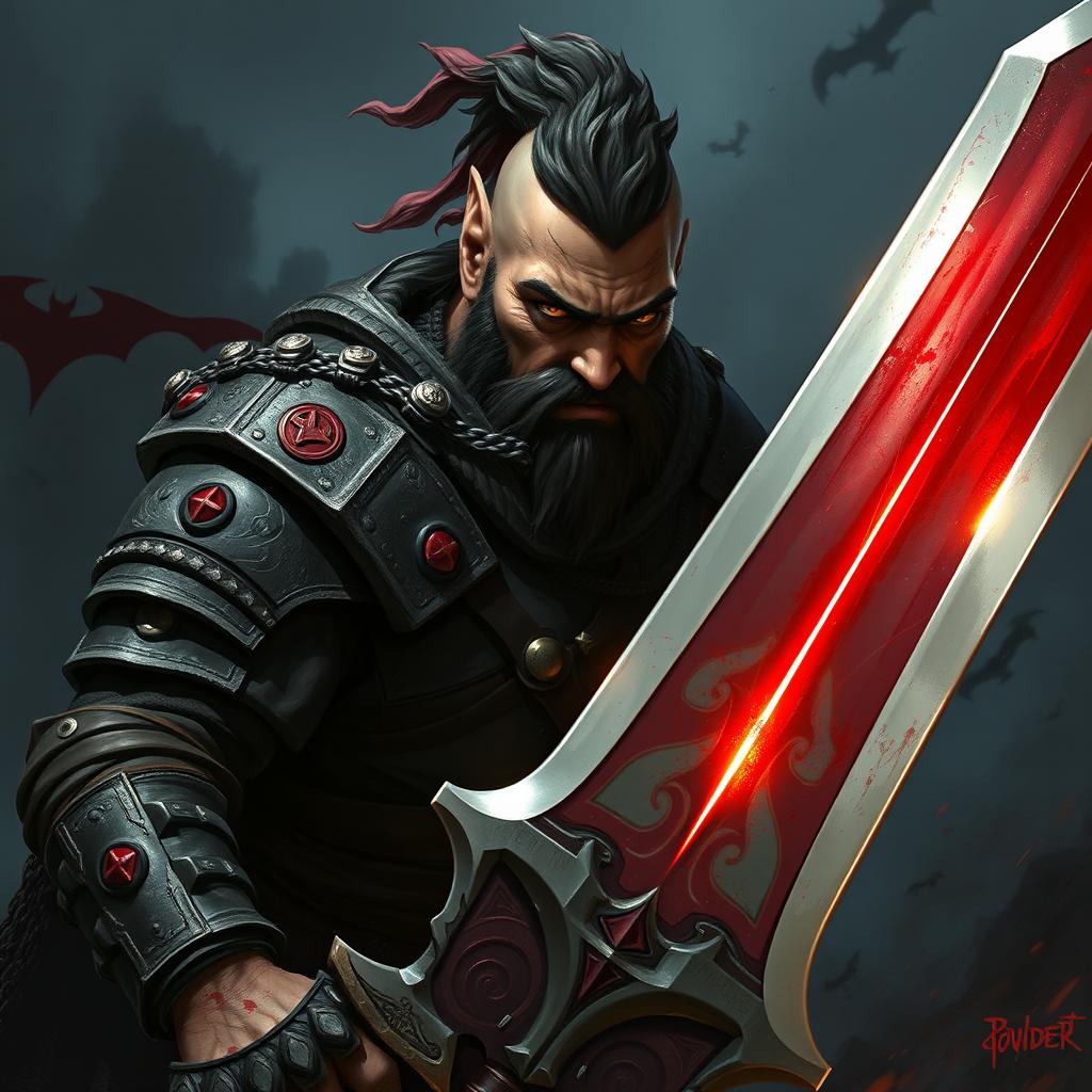 A fierce human mercenary from the 'Bloody Order', wielding a massive sword with a menacing gleam