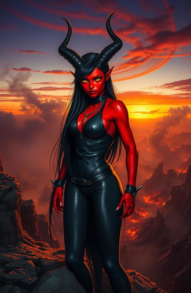 A striking demon girl with vibrant red skin, large curved horns protruding from her head, and glowing yellow eyes