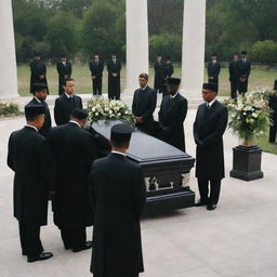 A wealthy person's solemn funeral with elegant, expensive decor and mourners dressed in high-end, black attire, showing respect and deep sorrow.