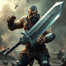 A formidable mercenary with cyborg enhancements, wielding a massive sword