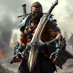 A formidable mercenary with cyborg enhancements, wielding a massive sword