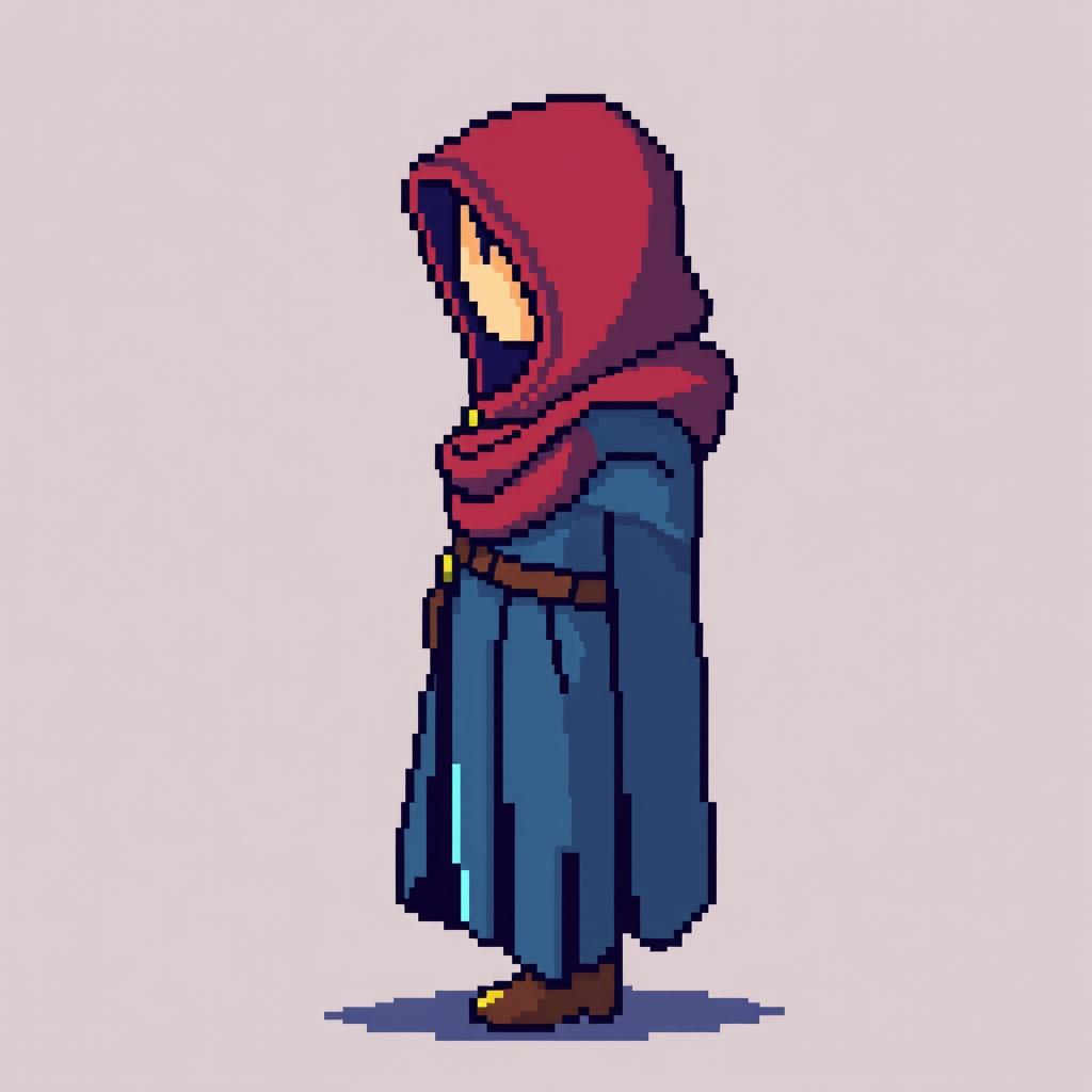 A pixel art character with a hood, depicted without a face, positioned in a right profile view