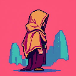 A pixel art character with a hood, depicted without a face, positioned in a right profile view