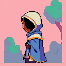 A pixel art character with a hood, depicted without a face, positioned in a right profile view