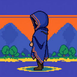 A pixel art character with a hood, depicted without a face, positioned in a right profile view