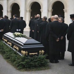 A wealthy person's solemn funeral with elegant, expensive decor and mourners dressed in high-end, black attire, showing respect and deep sorrow.