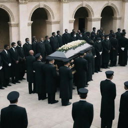 A wealthy person's solemn funeral with elegant, expensive decor and mourners dressed in high-end, black attire, showing respect and deep sorrow.