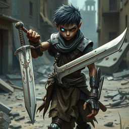 A weak, yet determined mercenary with cyborg enhancements, wielding a slightly oversized sword