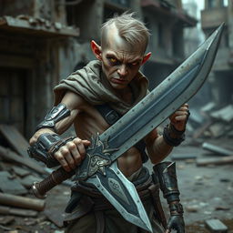 A weak, yet determined mercenary with cyborg enhancements, wielding a slightly oversized sword