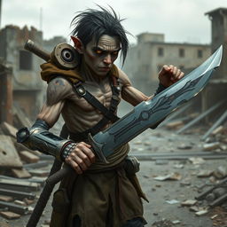 A weak, yet determined mercenary with cyborg enhancements, wielding a slightly oversized sword