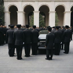 A wealthy person's solemn funeral with elegant, expensive decor and mourners dressed in high-end, black attire, showing respect and deep sorrow.