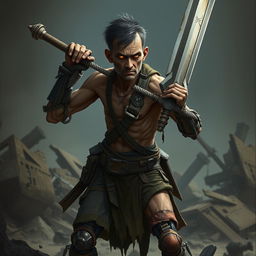 A frail adult mercenary with cyborg enhancements, struggling to wield a large sword