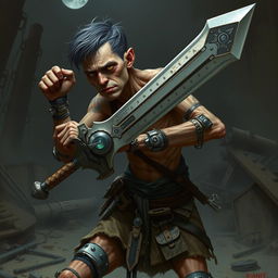 A frail adult mercenary with cyborg enhancements, struggling to wield a large sword