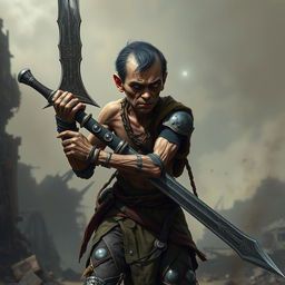 A frail adult mercenary with cyborg enhancements, struggling to wield a large sword