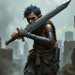 A frail adult mercenary with cybernetic enhancements, struggling to wield a large sword