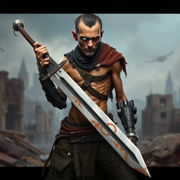 A frail adult mercenary with cybernetic enhancements, struggling to wield a large sword