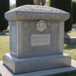 The wealthy person, now laid to rest in a luxurious, intricately carved tombstone, located in an exclusive cemetery, surrounded by grieving friends and family.