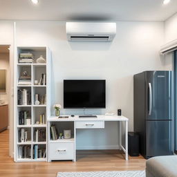 An interior layout on a 250 cm long wall featuring a white IKEA Billy bookshelf measuring 40 cm wide and 202 cm high, complete with an Oxberg glass-panel door, elegantly showcasing books and decor