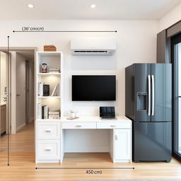 An interior layout on a 250 cm long wall featuring a white IKEA Billy bookshelf measuring 40 cm wide and 202 cm high, complete with an Oxberg glass-panel door, elegantly showcasing books and decor