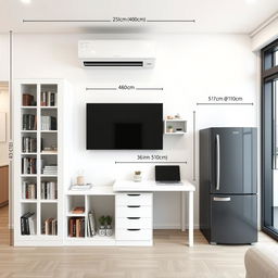An interior layout on a 250 cm long wall featuring a white IKEA Billy bookshelf measuring 40 cm wide and 202 cm high, complete with an Oxberg glass-panel door, elegantly showcasing books and decor