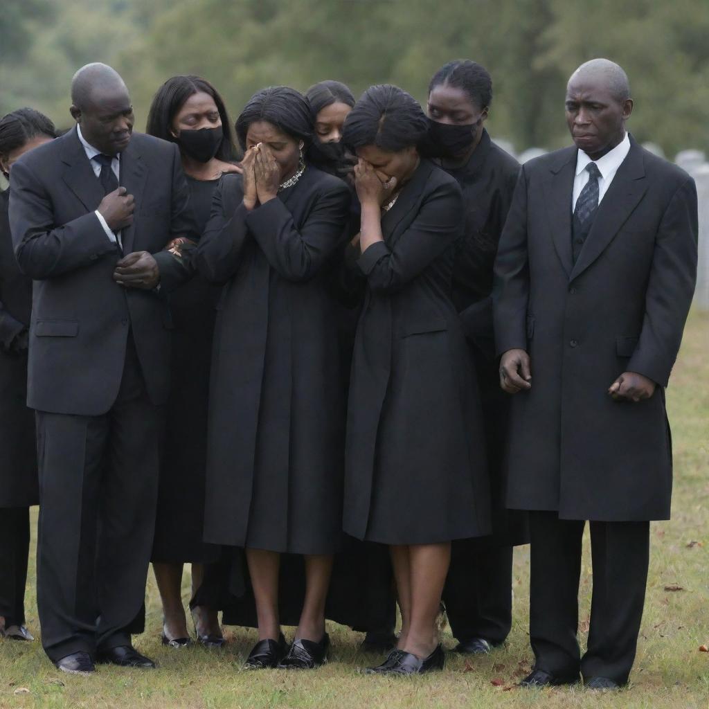 The grieving family of the wealthy person shedding tears at the graveside, clad in expensive mourning attire, sorrow etched on their faces, yet showcasing their strong familial bond in this moment of loss.