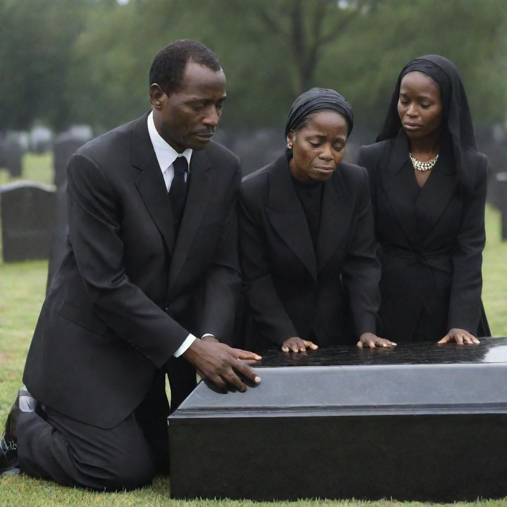 The grieving family of the wealthy person shedding tears at the graveside, clad in expensive mourning attire, sorrow etched on their faces, yet showcasing their strong familial bond in this moment of loss.